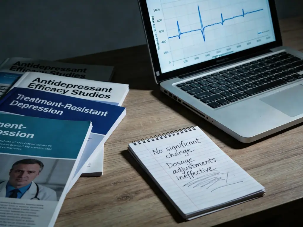person researching antidepressants not working at a desk